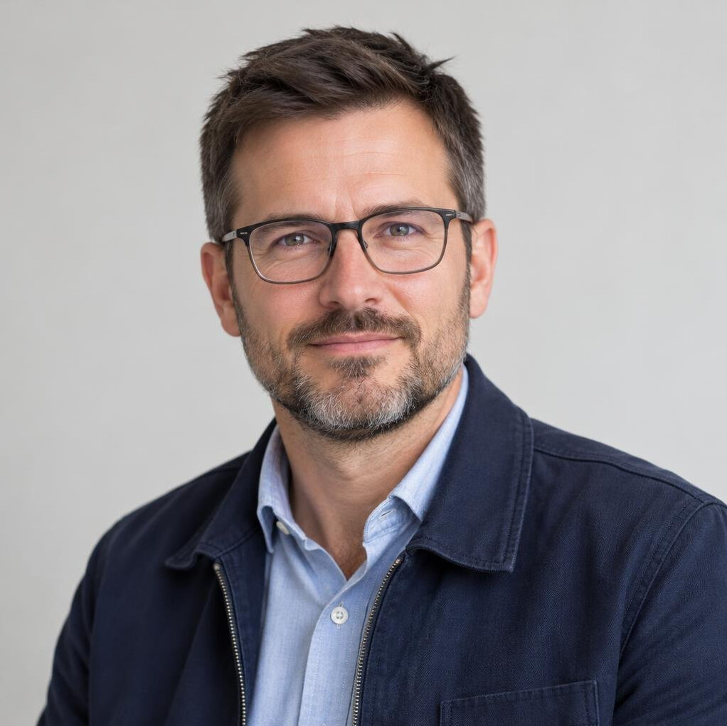 Portrait of a man with a beard and glasses in a casual jacket